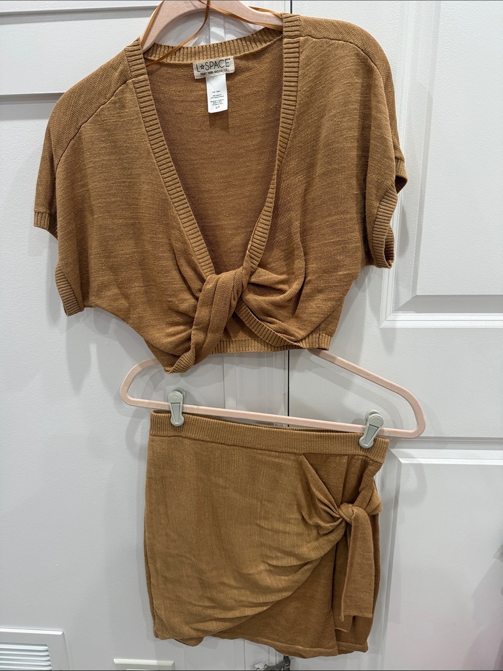 l*space Knit Tie-Front Crop Top & Wrap Skirt Set - Camel